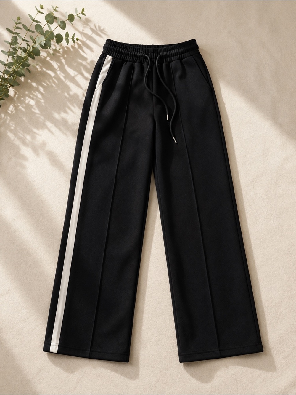 Black Wide-Leg Track Pants with White Side Stripe and Drawstring Waist